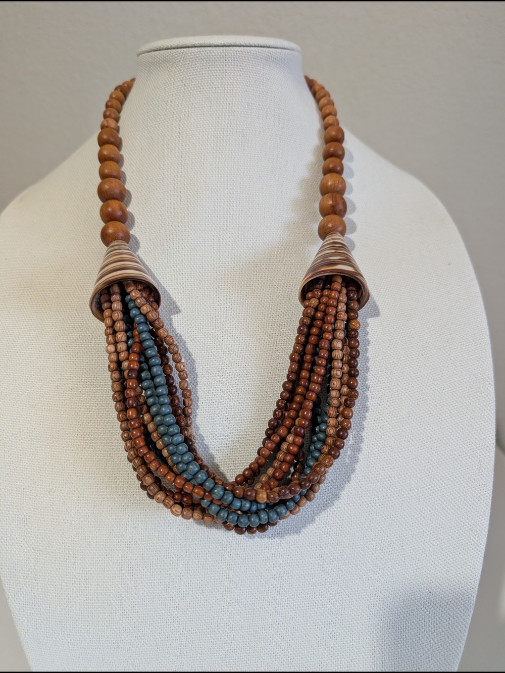 Handcrafted Brown & Blue Multi-Strand Beaded Necklace Wood And Shell Tribal